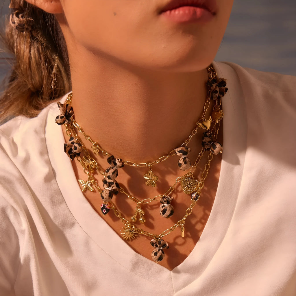 Stainless steel necklace with leopard heart and flower pendant, 18K gold plated, adjustable 41-50cm chain for women.