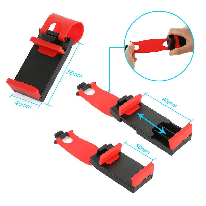 Black steering wheel clip mount holding smartphone for hands-free car use