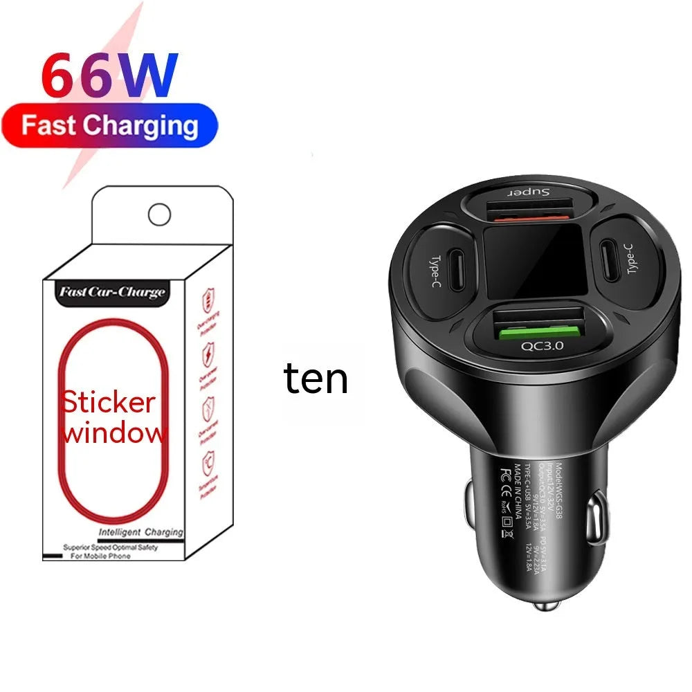 66W digital display car charger with four ports showing voltage readout
