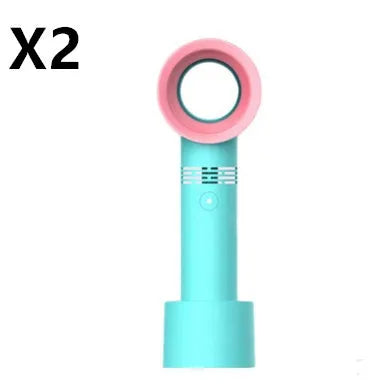 Compact portable bladeless desk fan with USB cable and base, shown in blue.