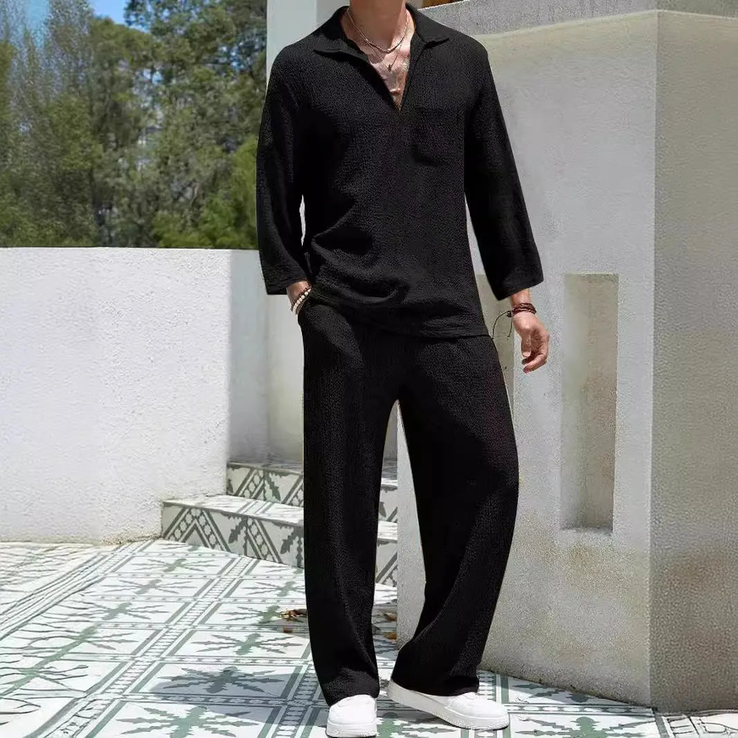 Men's casual shirt and trousers commuter suit set in polyester, shown in lake blue colour