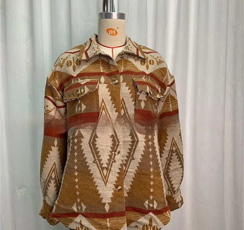 Women's retro style Aztec printed jacket in woolen cotton blend fabric, loose fit with long sleeves
