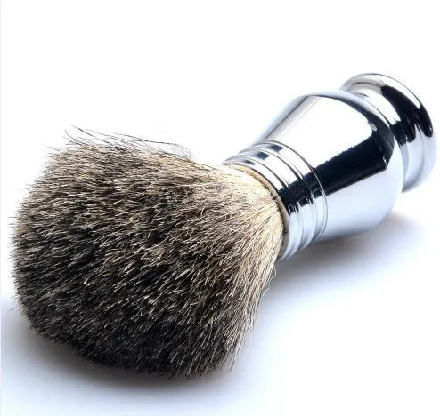 CSB men's shaving kit with chrome razor stand, badger hair brush, double edge razor, and zinc alloy soap bowl.