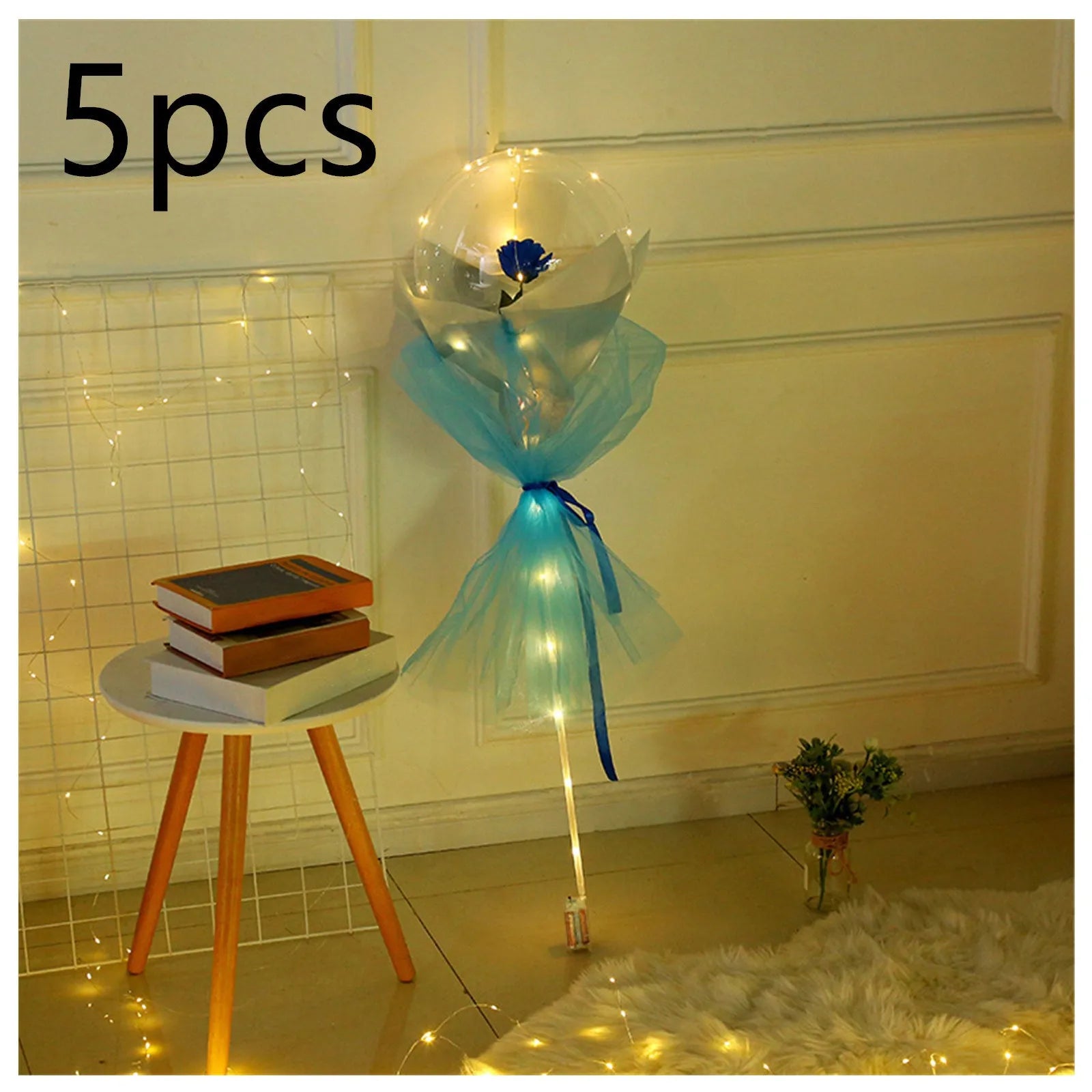 Transparent round LED luminous balloon rose bouquet with artificial flower and lights for DIY assembly