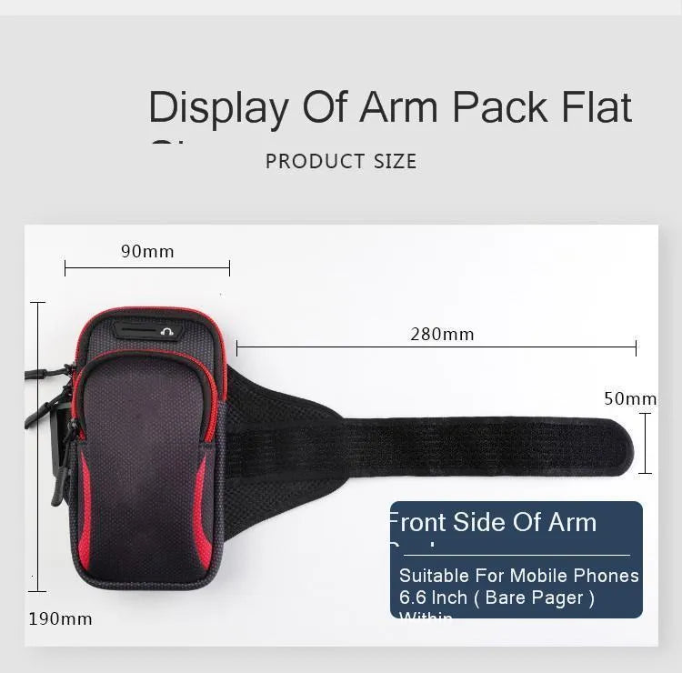 Nylon mobile phone arm bag in black with waterproof fabric and breathable mesh backing