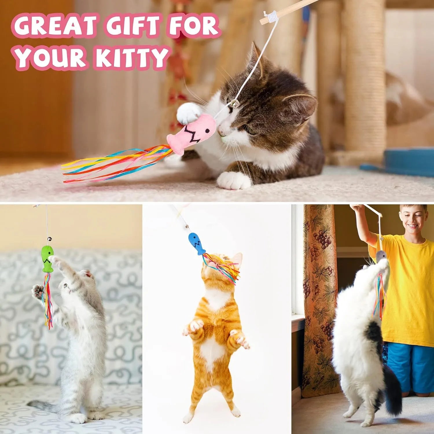 Cat wand toy with wooden handle, colourful ribbons, catnip fish attachment, and bell for interactive play