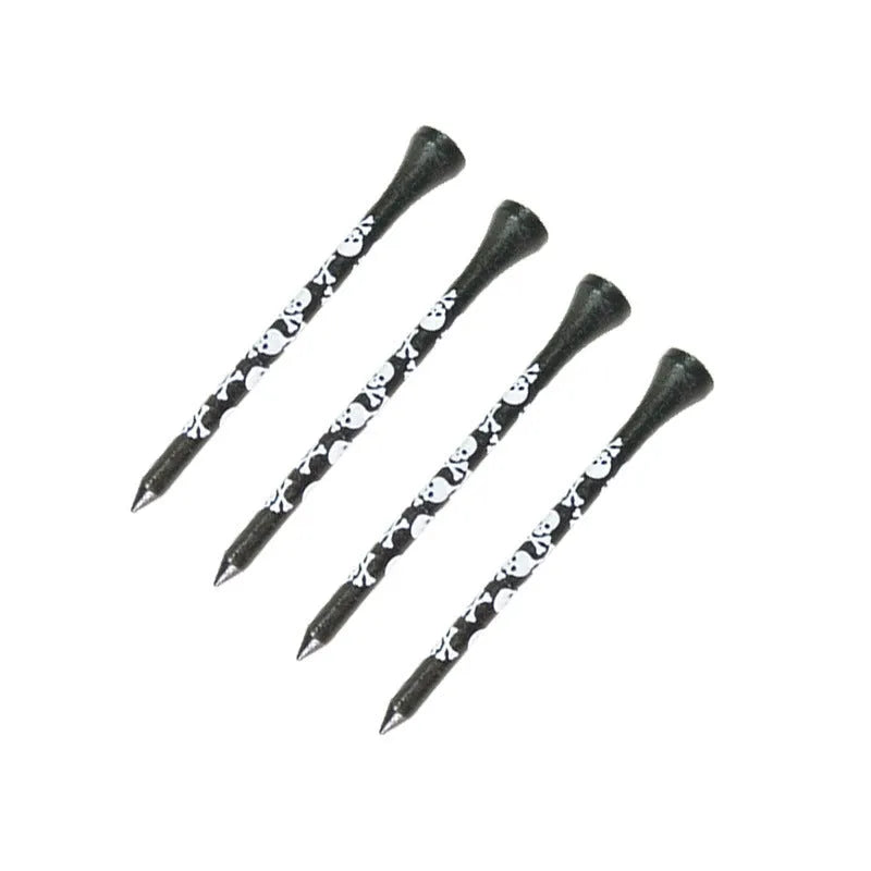 Pack of ten black bamboo golf spike dowel pins with skull print, showing 70mm and 83mm length options