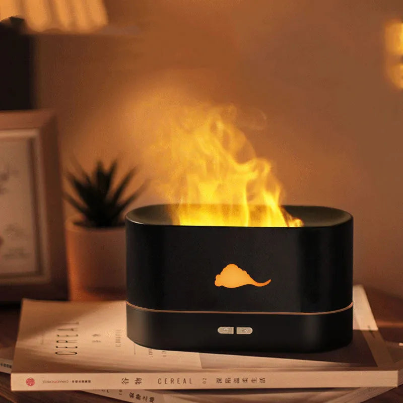 New Flame Humidifier with 3D simulation flame light and crystal salt stone on a desktop