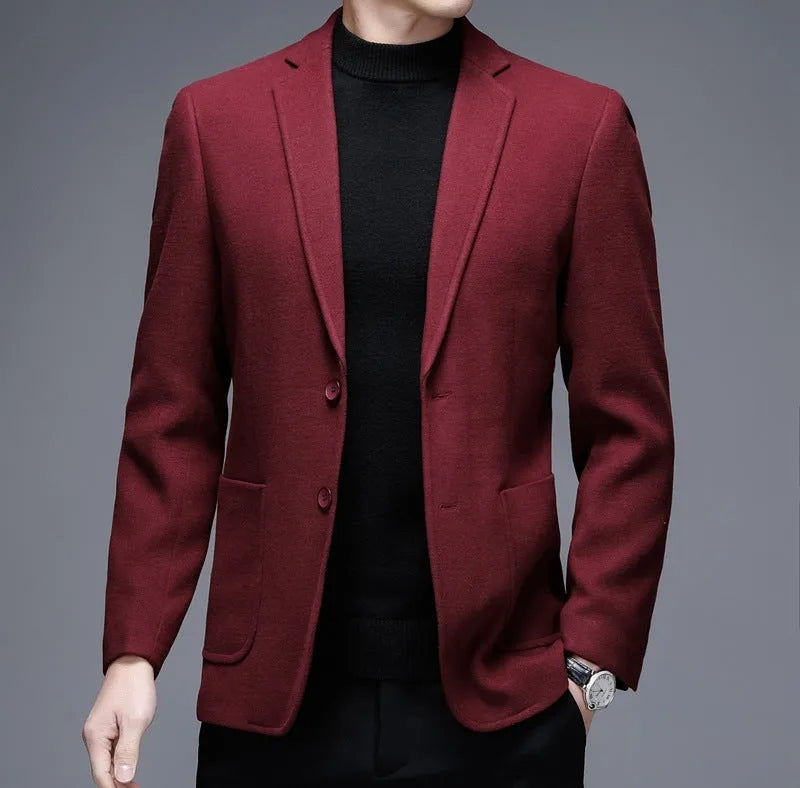 Men's casual woolen suit jacket in solid colour with loose fit and long sleeves
