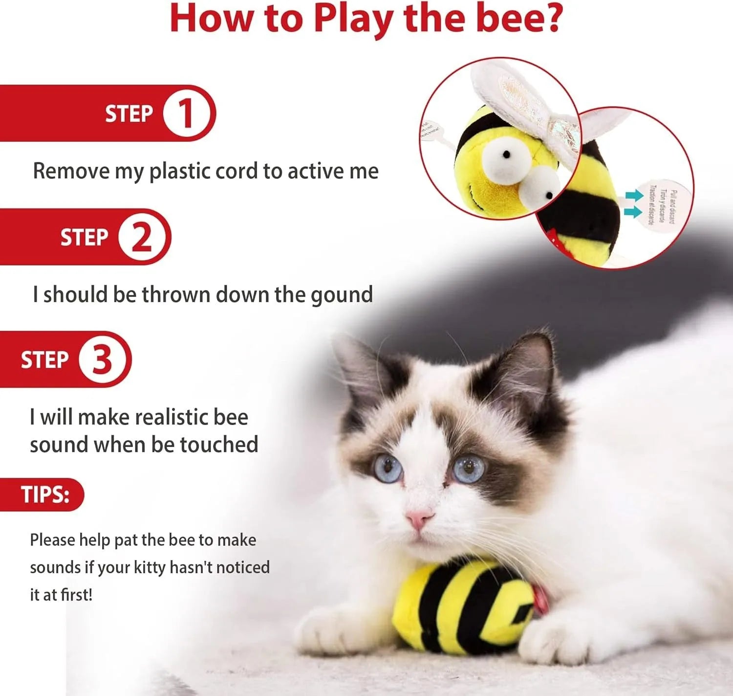 Yellow flannelette electronic bee-shaped cat toy that chirps when moved.