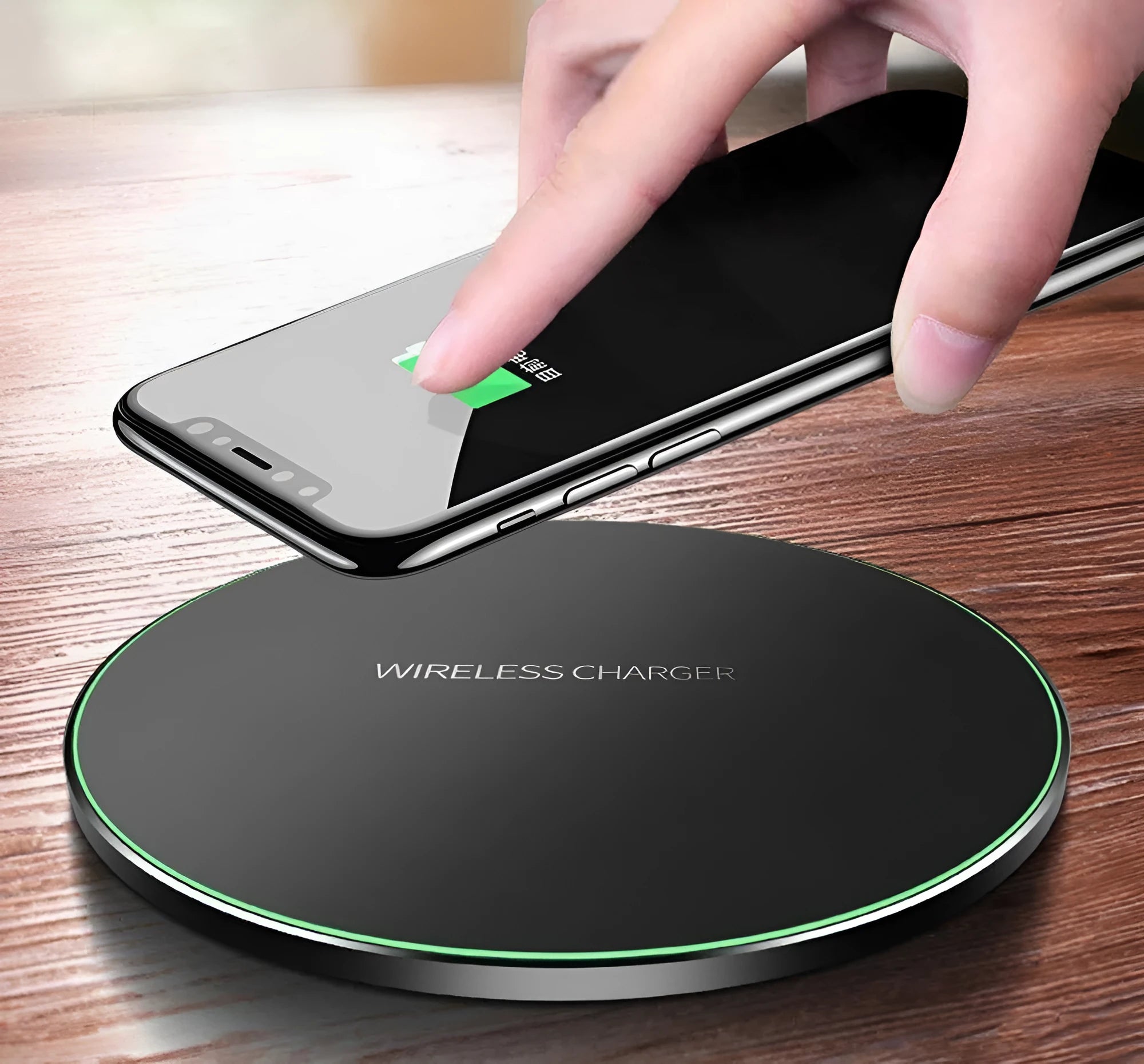 Black square ultra-thin wireless charging pad for smartphones with fast 9V Qi charging.