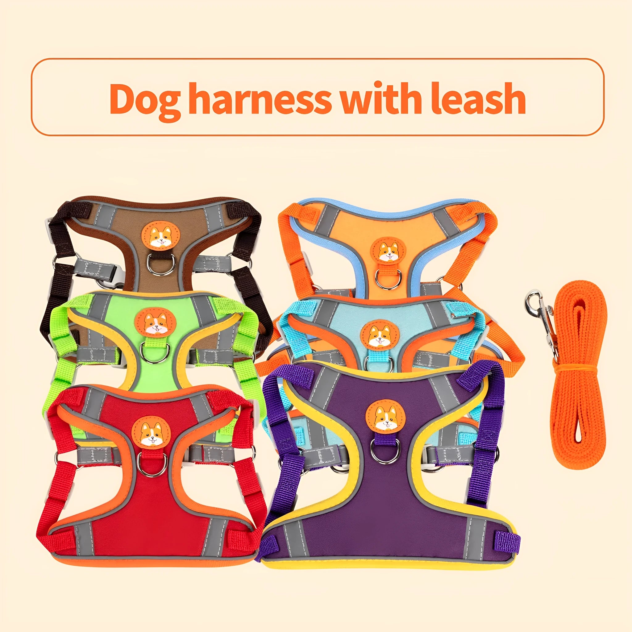 Adjustable dog rope harness in purple, blue, orange, red, brown or green with chest strap