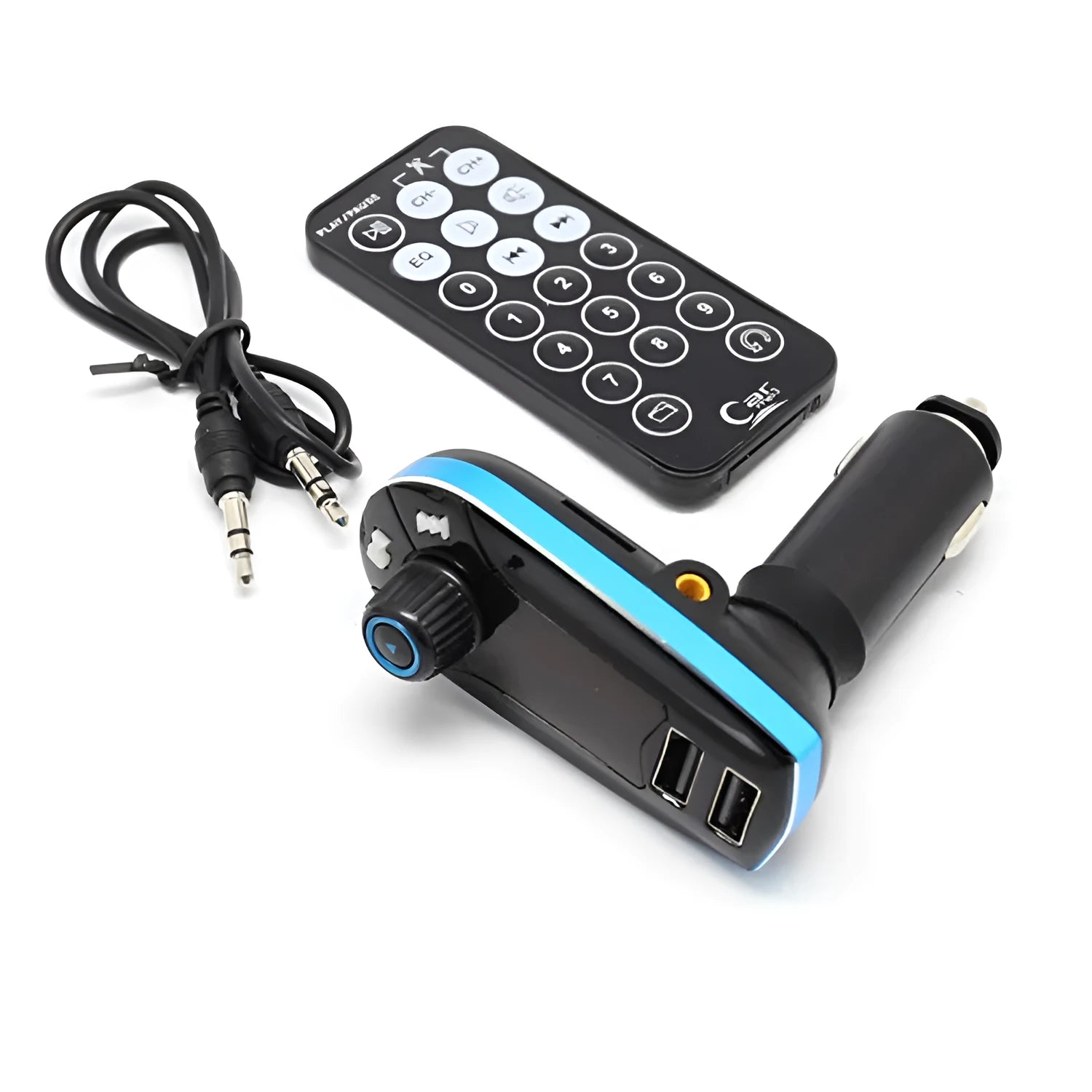BT618C vehicle Bluetooth FM transmitter with LCD screen showing car audio controls