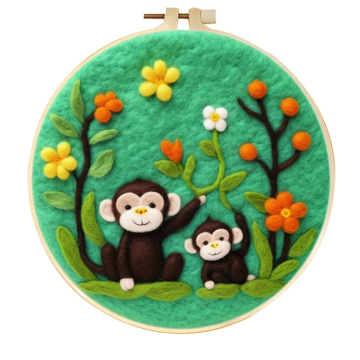 Round linen embroidery kit with wool felt pieces for 3D flowers and leaves, includes a free frame.