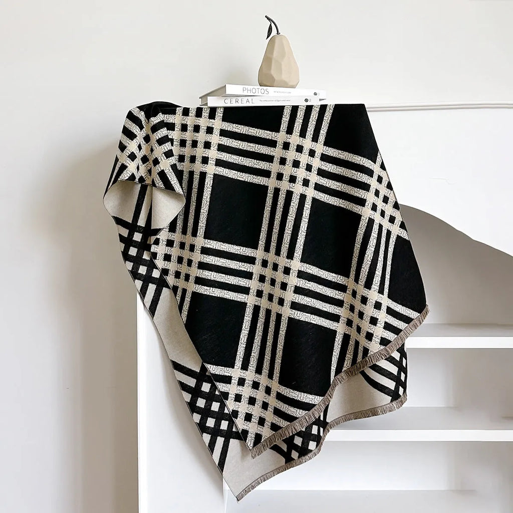 Long brown imitation cashmere scarf with tassel ends laid flat showing 185cm length
