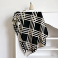 Long brown imitation cashmere scarf with tassel ends laid flat showing 185cm length
