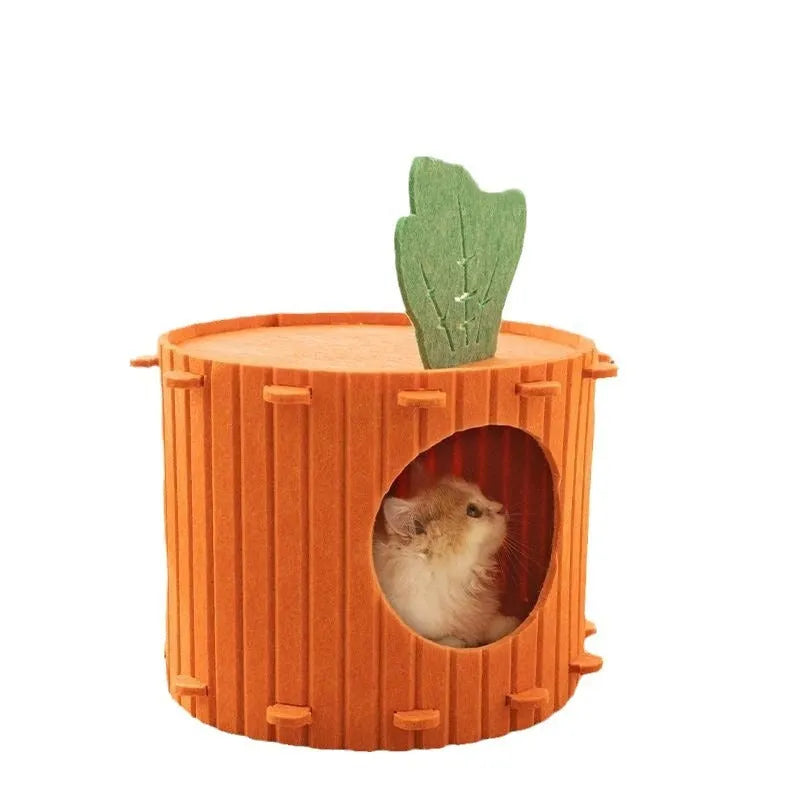 Carrot-shaped semi-enclosed felt cat tunnel bed on a floor