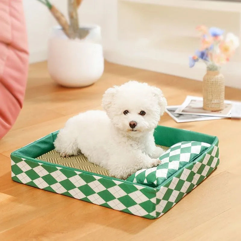 Blue woven rattan cat litter mat functioning as a raised pet bed, shown in a large size.