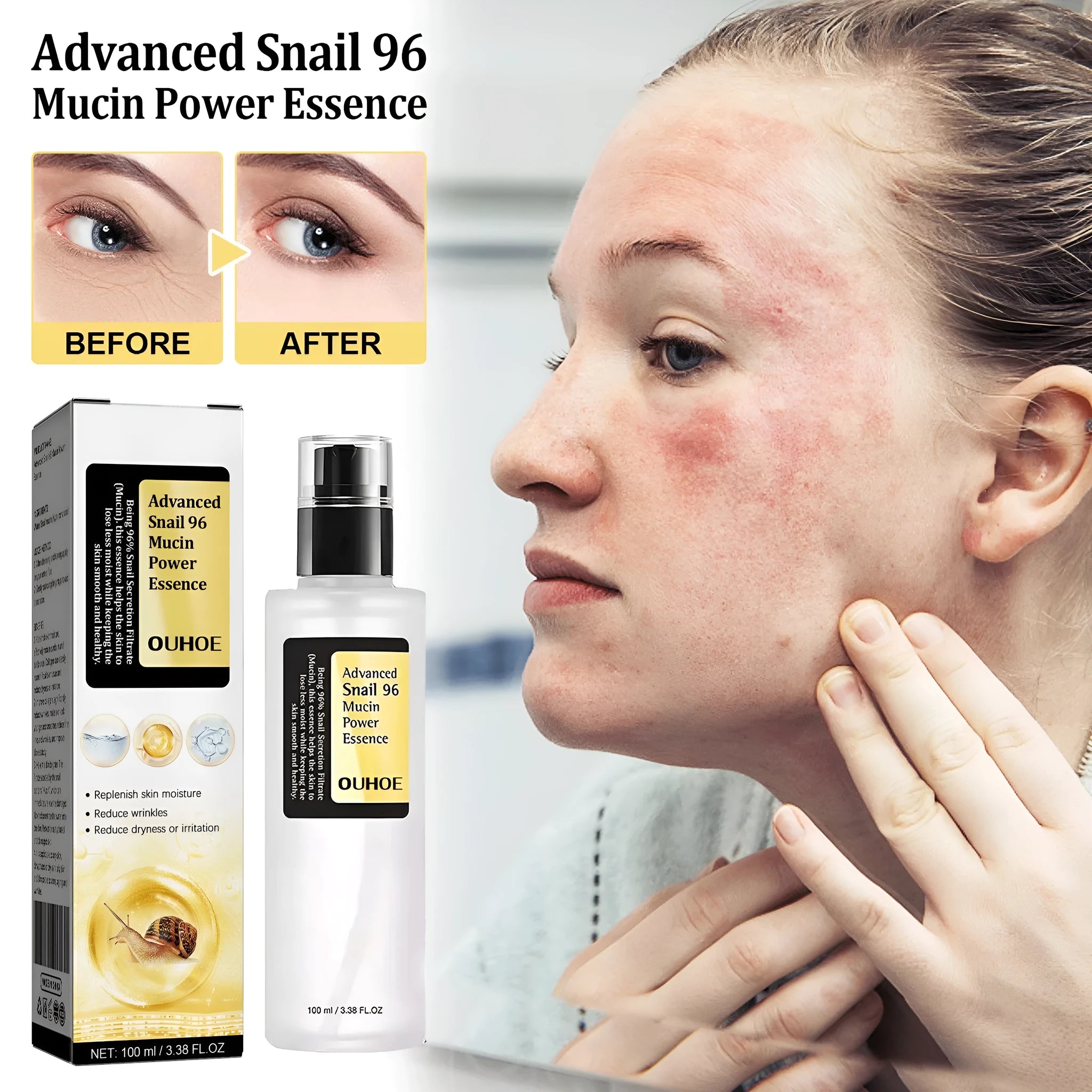 100ml snail collagen facial serum bottle with hydrating brightening nourishing firming softening skin effects