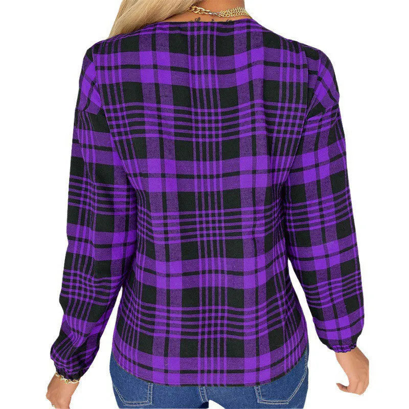 Women's plaid casual loose shirt in purple, grey or red with regular sleeves