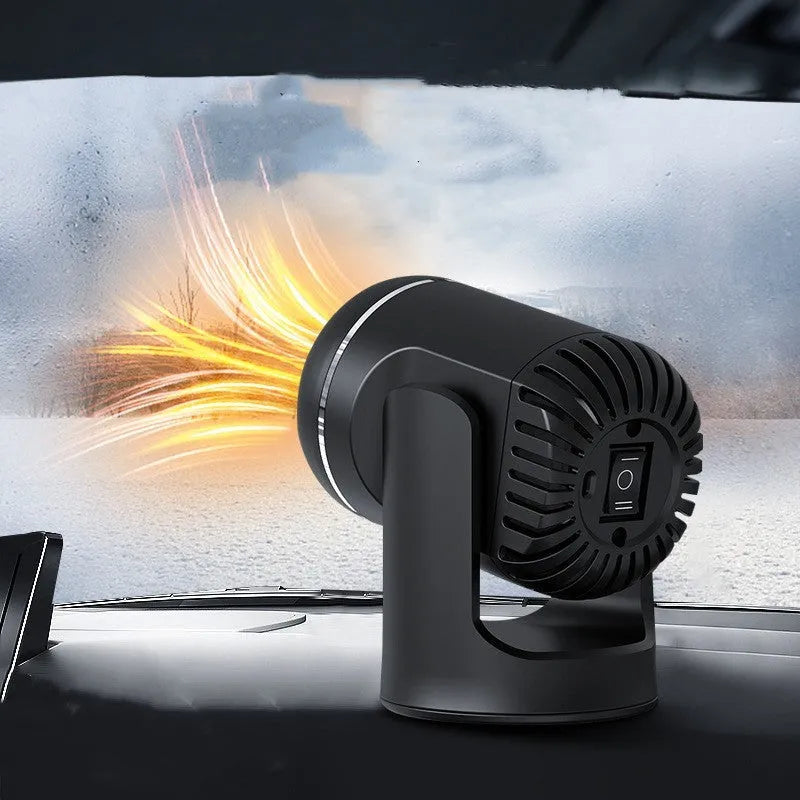 Black and white 12v car heater defroster with cold warm settings and 1.5m power cord