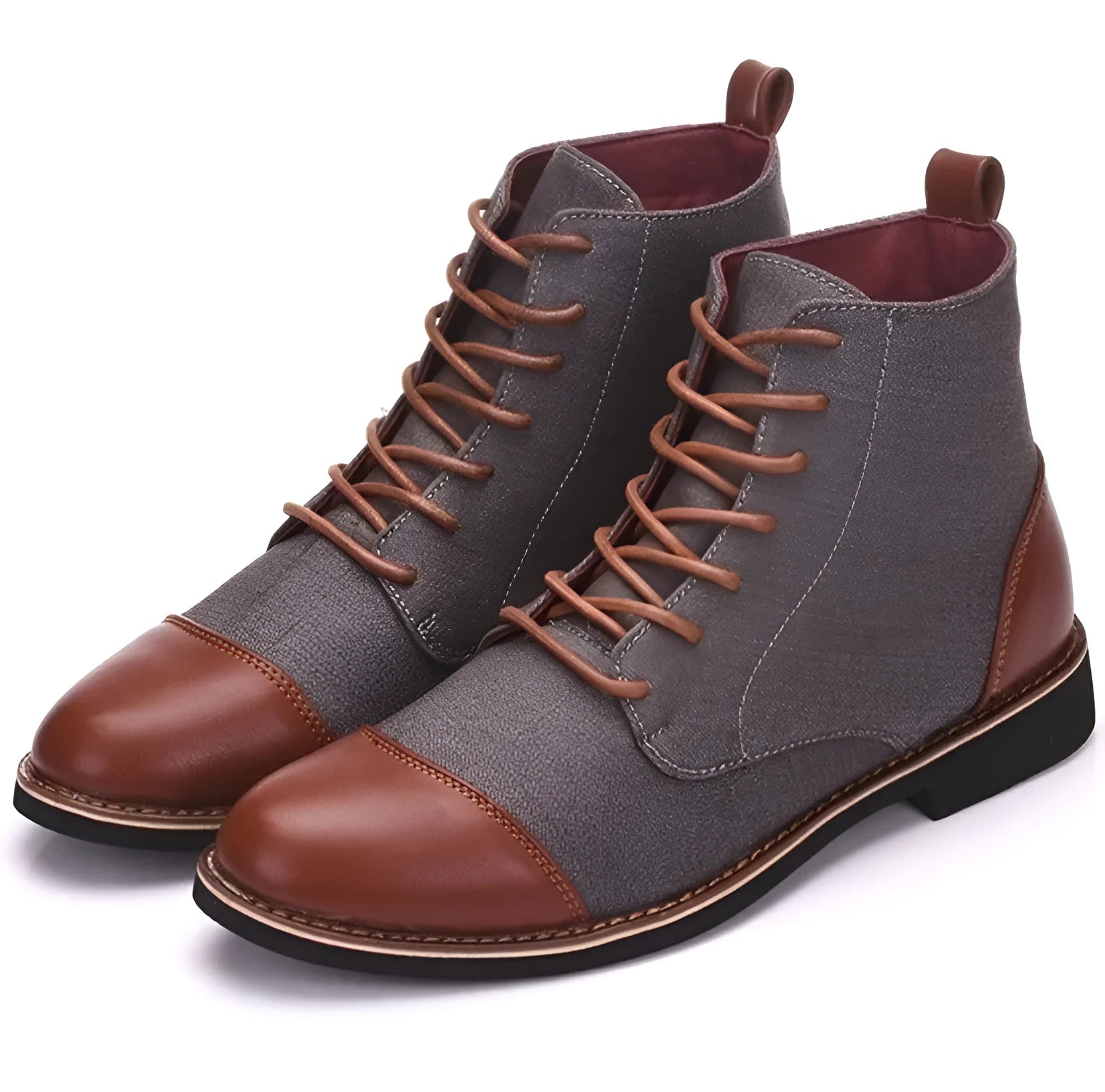 Men's black leather motorcycle-style ankle boots with belt buckle and rubber sole.