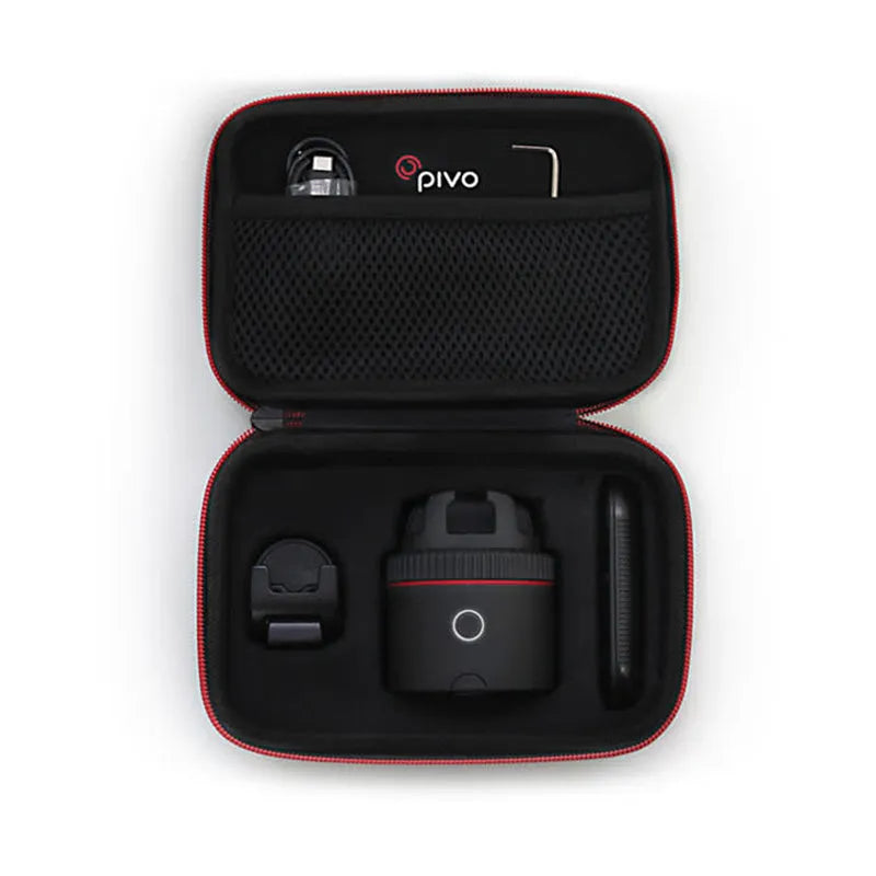 Black PIVO facial tracking camera for smartphones on a table, showing its matte finish.