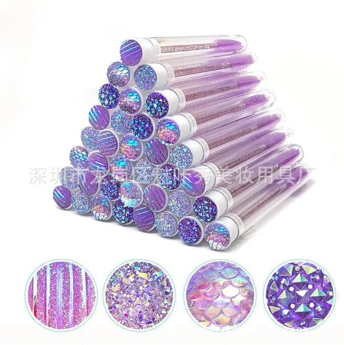 Set of coloured disposable eyelash spoolie brushes inside clear plastic storage tubes.
