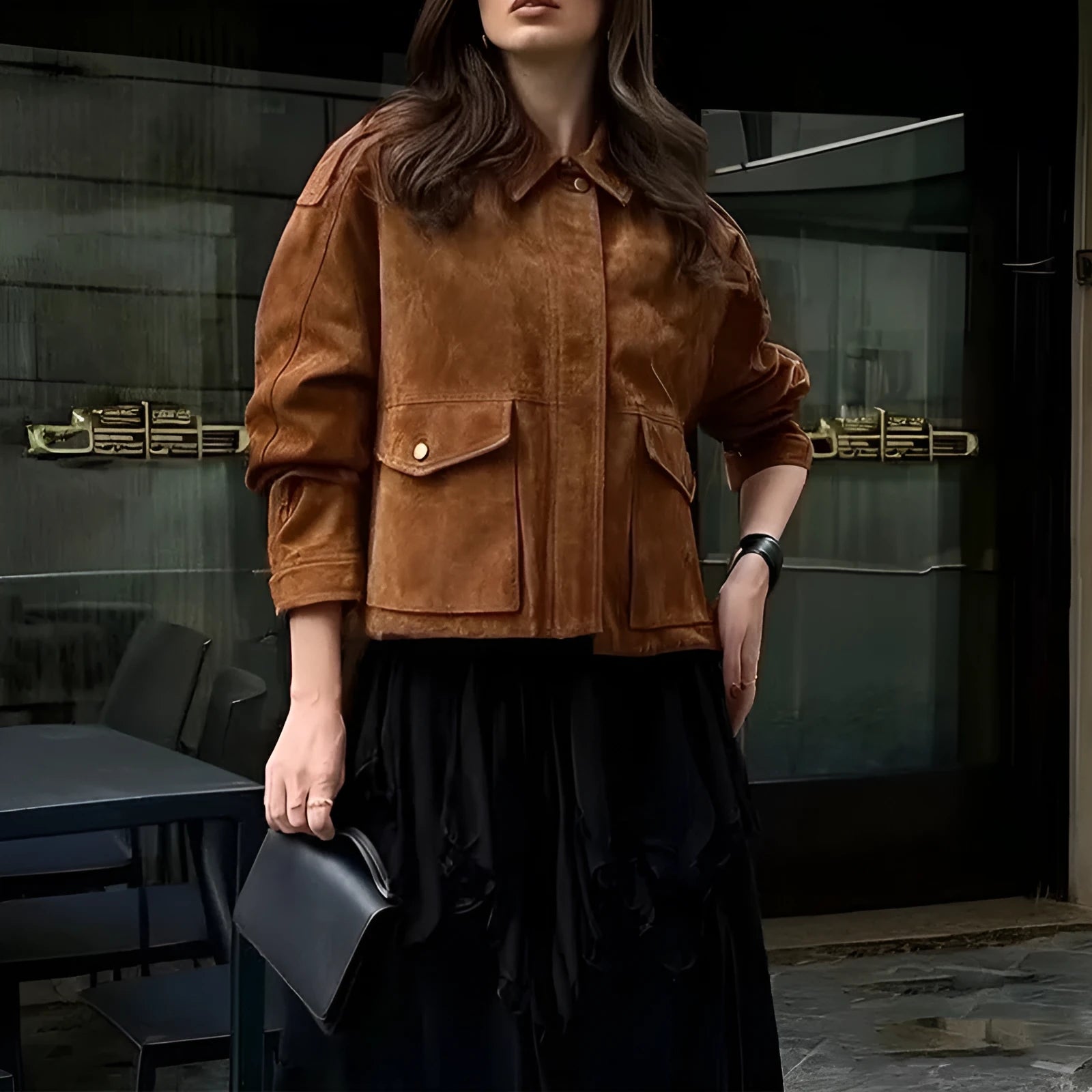 Brown suede-look women's coat with regular sleeves and street chic styling