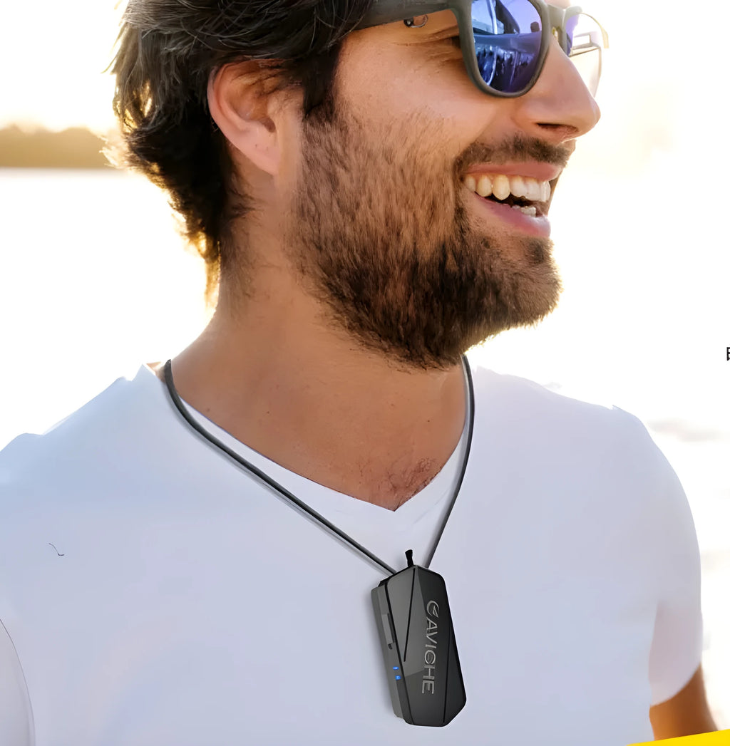 Black wearable personal air purifier necklace showing compact dimensions.