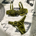 Green women's two-piece swimsuit with 3D flower pattern, briefs style