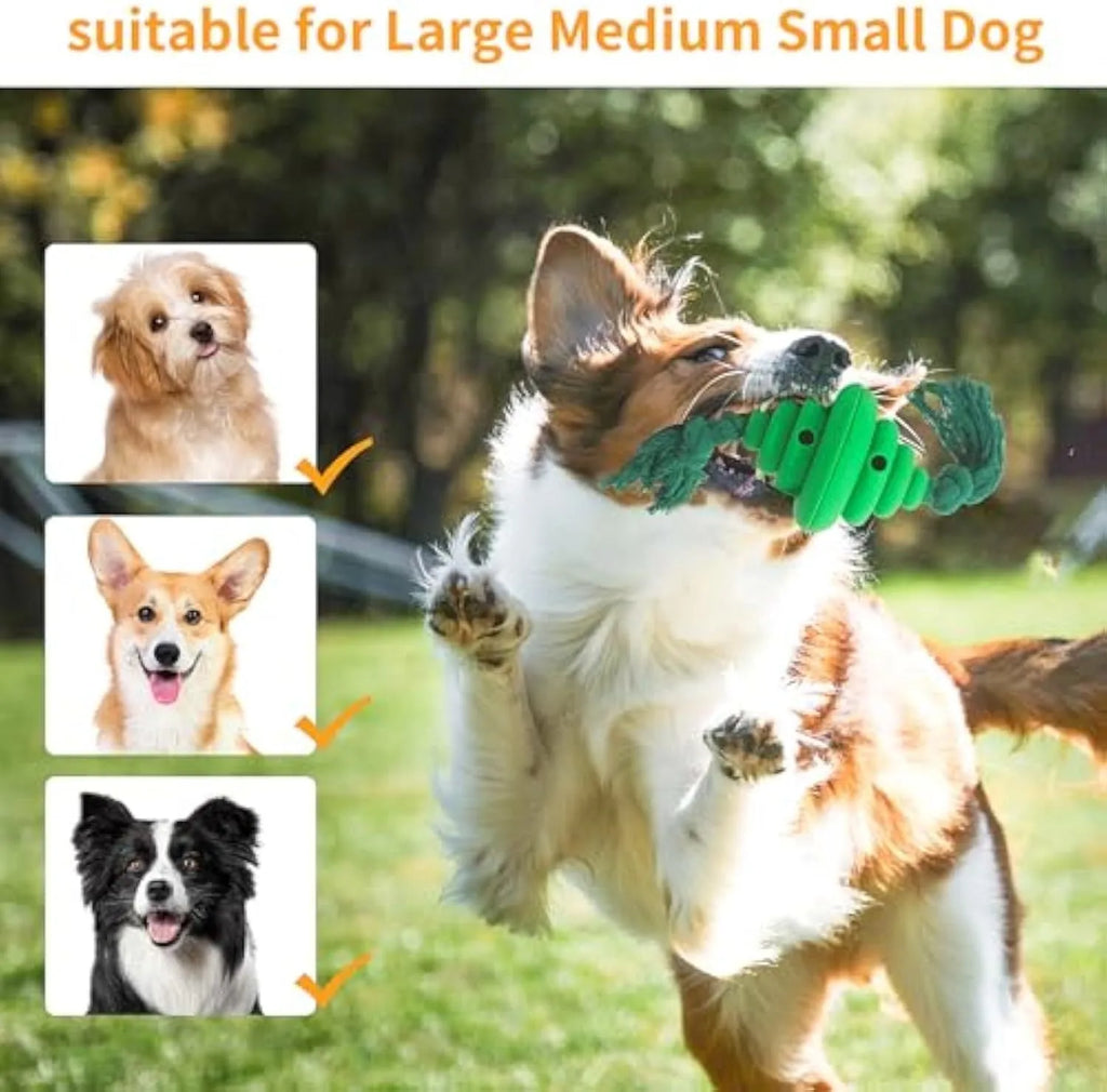 Green and yellow dog ball with attached rope for interactive play and food dispensing