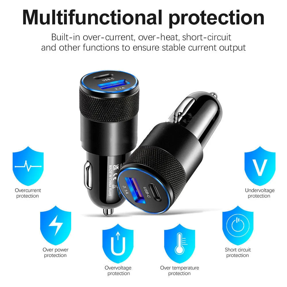 Aluminium alloy dual USB car charger for vehicle 12V sockets with compact 2.5x6cm dimensions