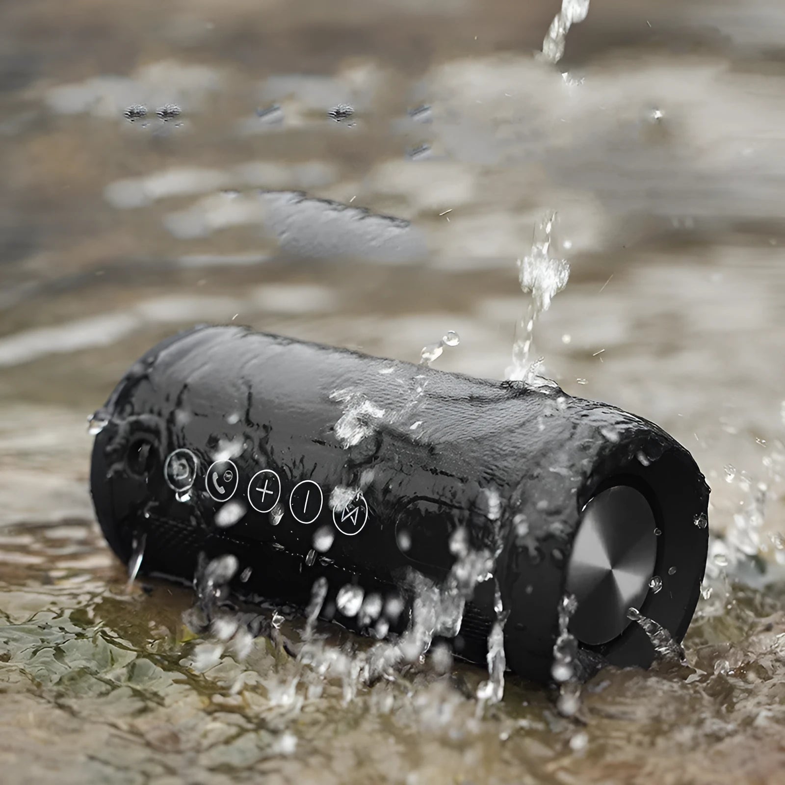 Outdoor waterproof portable speaker in black, camouflage, grey, or red colour with display showing Bluetooth, TF card, and AUX logos.