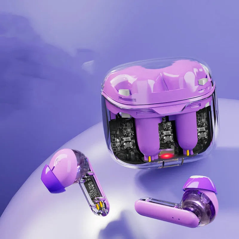 Transparent wireless Bluetooth earbud with breathing light available in black white and purple