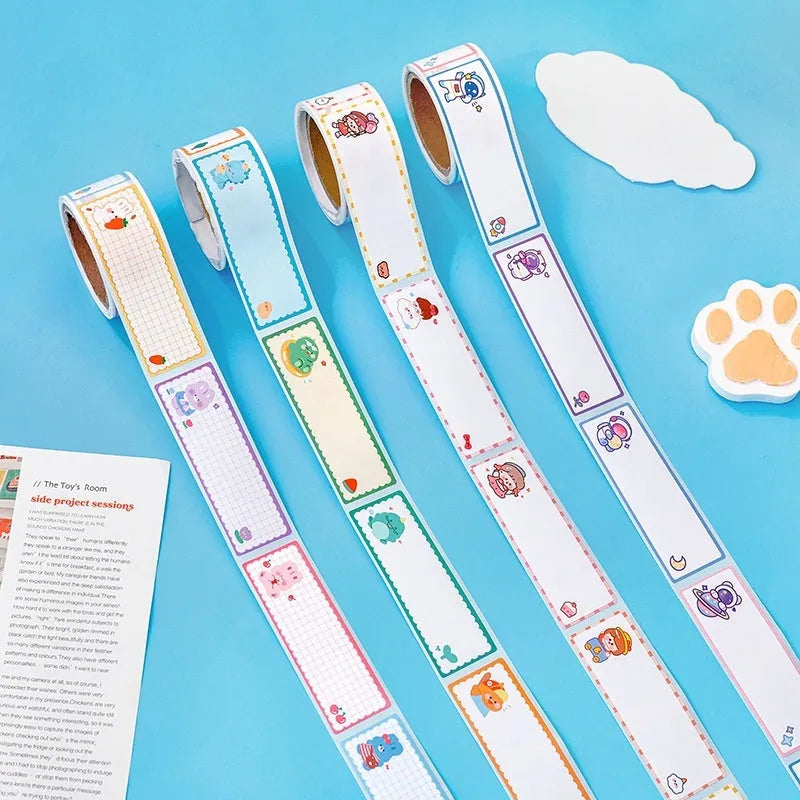 Roll of cartoon name tape stickers showing Dinosaur, Astronaut, Rabbit, and Girl design options.