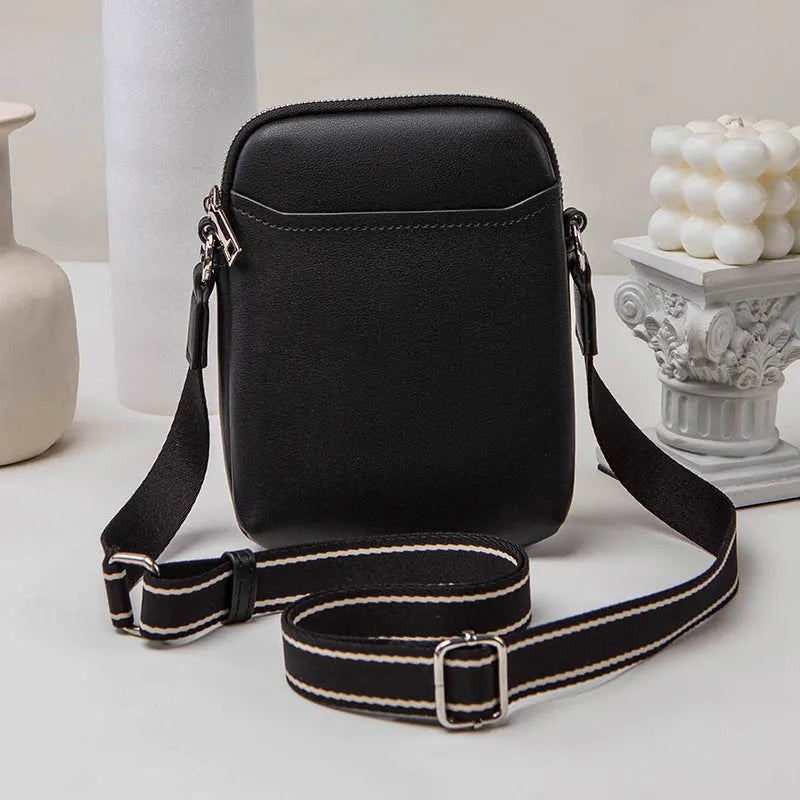 Solid colour mobile phone shoulder bag with crossbody strap in black, beige, khaki or green