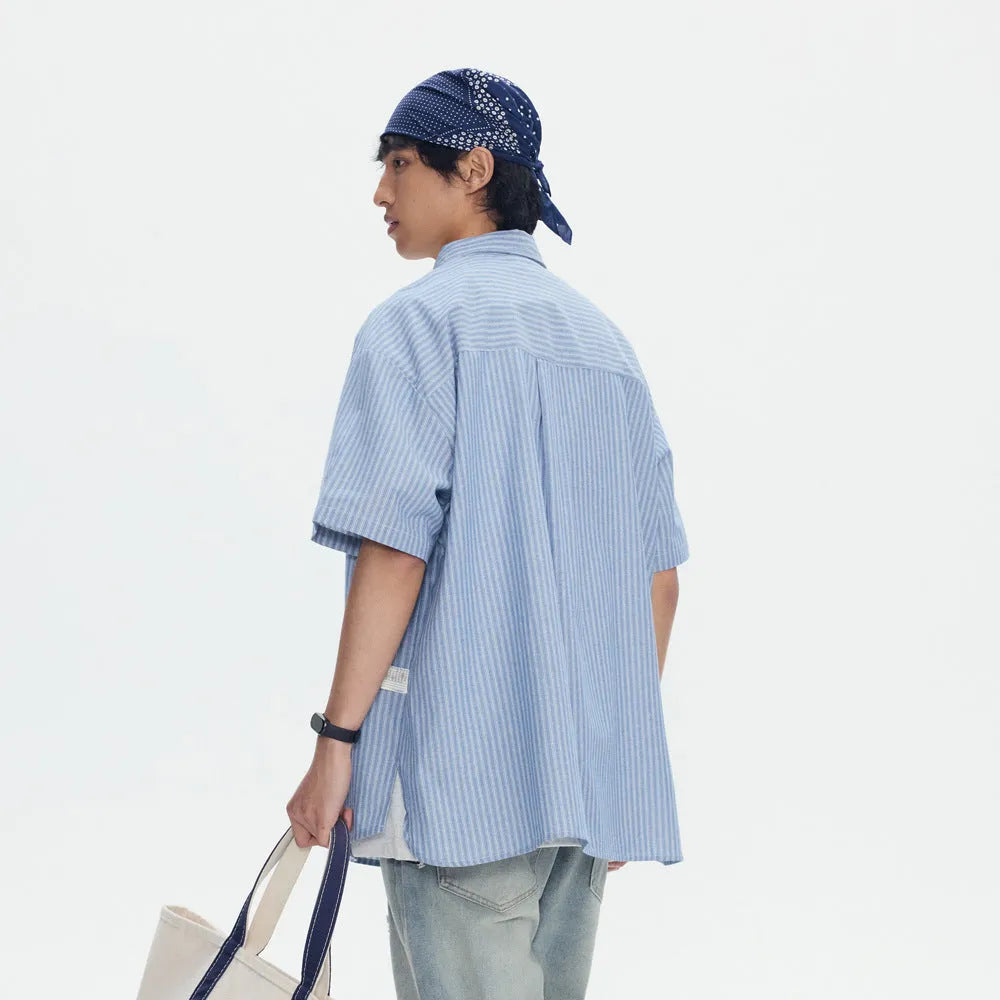 Blue striped short-sleeved overalls shirt cardigan loose fit on hanger