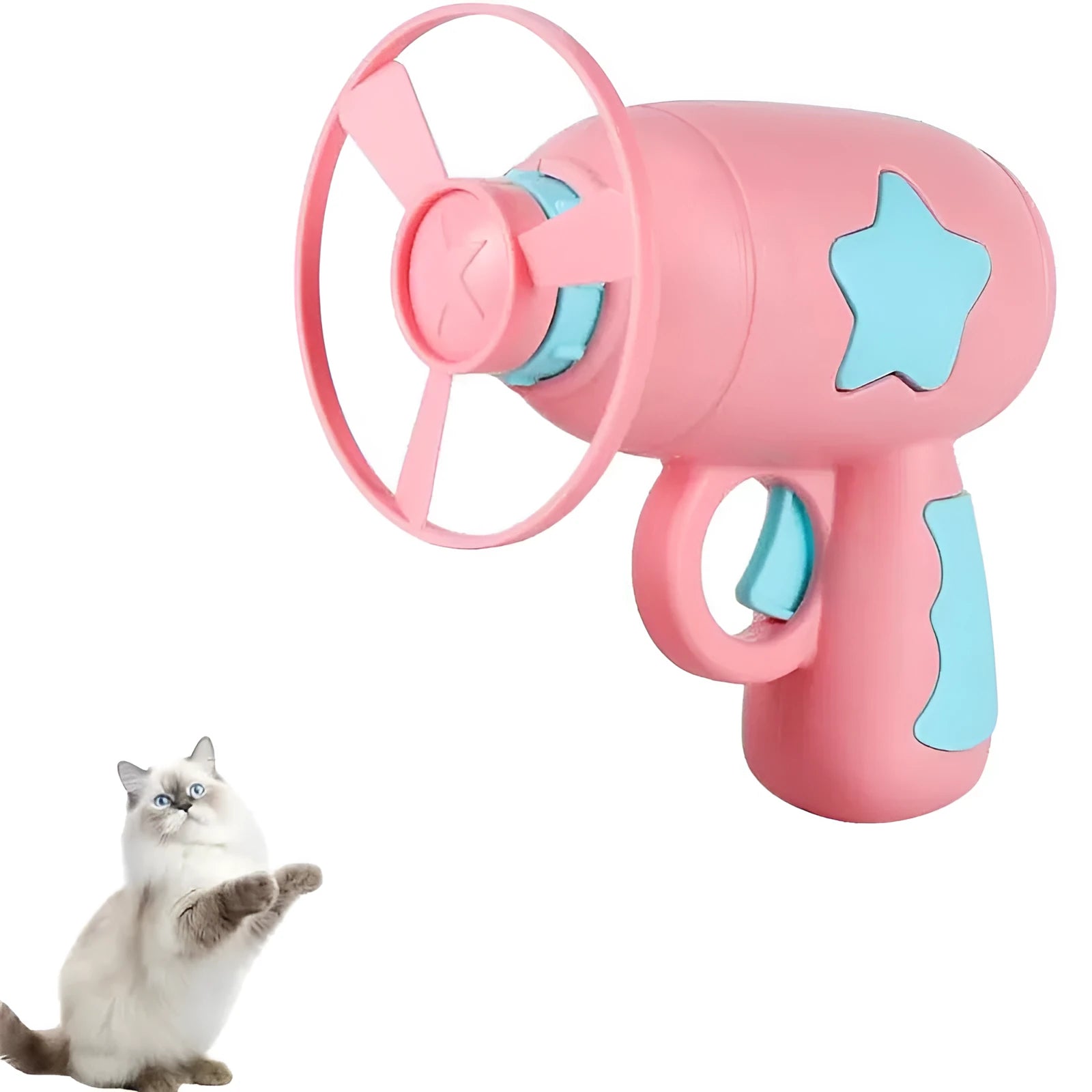 Blue plastic cat toy gun with rotating Frisbee launcher measuring 11cm tall for indoor cat play