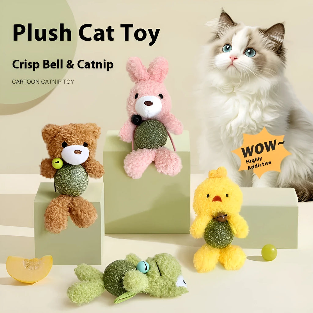 Plush catnip toy shaped like an animal with a separate mint ball, showing brown bear design