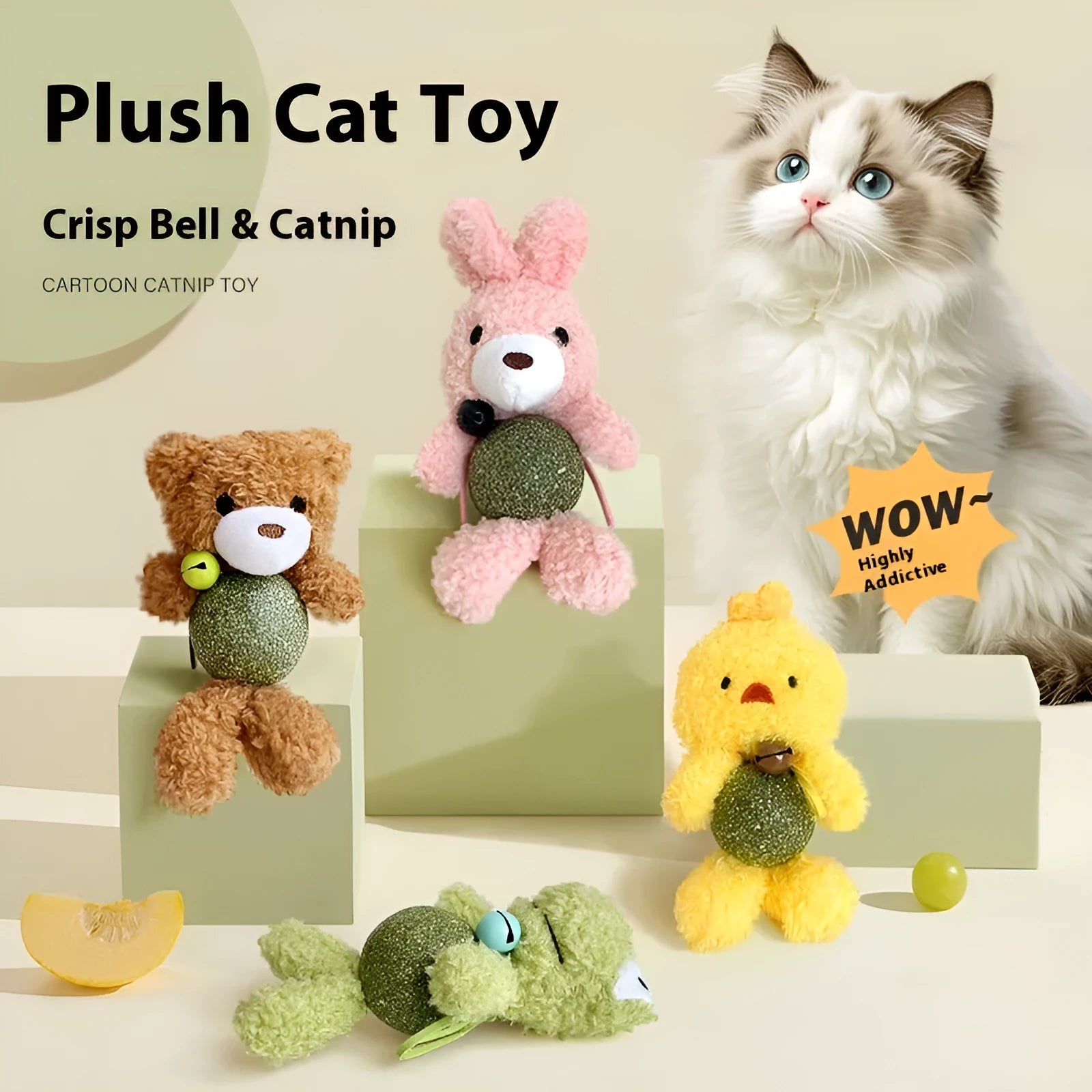 Plush catnip toy shaped like an animal with a separate mint ball, showing brown bear design