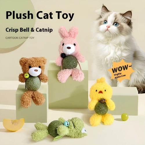Plush catnip toy shaped like an animal with a separate mint ball, showing brown bear design