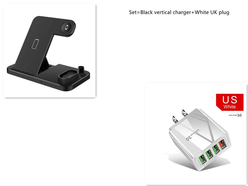 4-in-1 wireless charging station with adjustable phone stand charging multiple devices