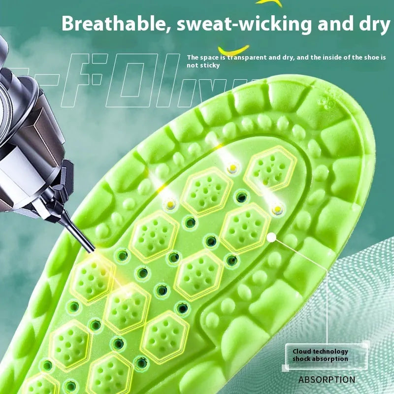 Green PU sports insoles with air cushion shock absorption and argy wormwood infusion on a white background.