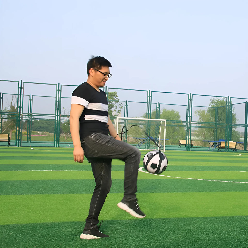 Black football training juggling belt with 2 metre length made from diving suit fabric