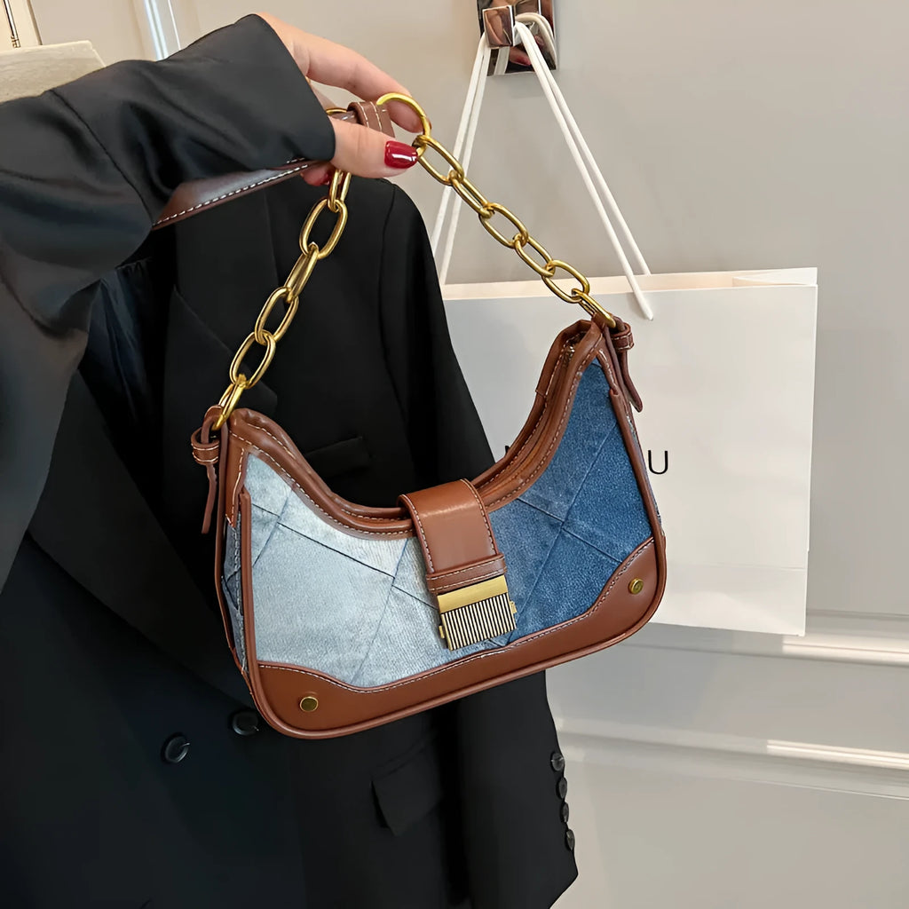 Brown denim women's shoulder bag with diamond mesh and chain details showing internal mobile phone pocket