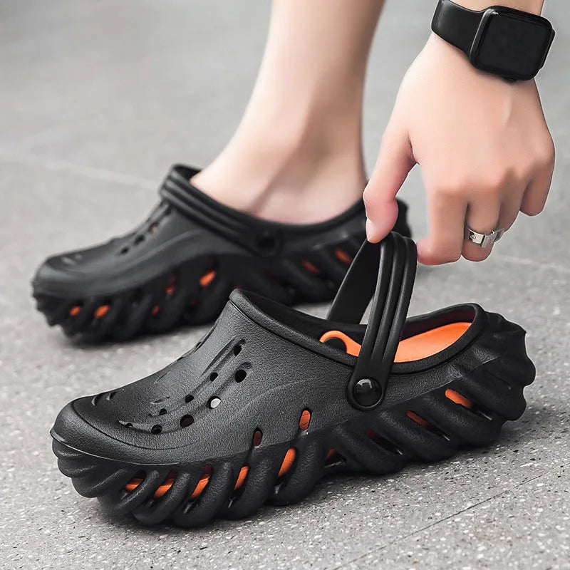 Men's beige ventilated EVA slipper sandals with round toe and non-slip sole pattern
