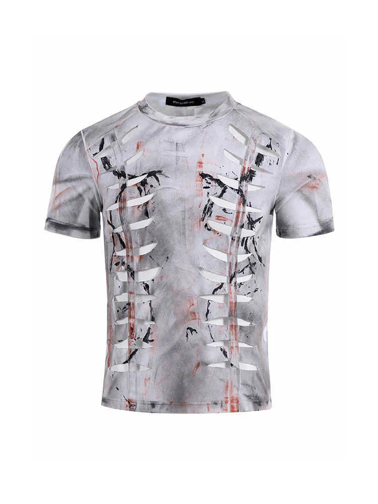 White men's t-shirt with hollow-out cut design on stretch cotton fabric