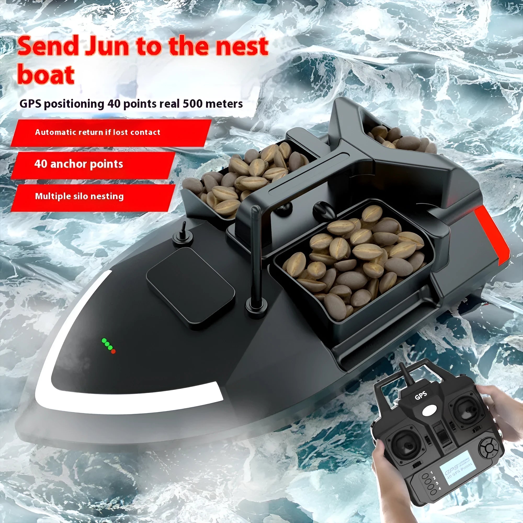 GPS remote control fishing boat in luminous yellow with remote control unit and carrying bag