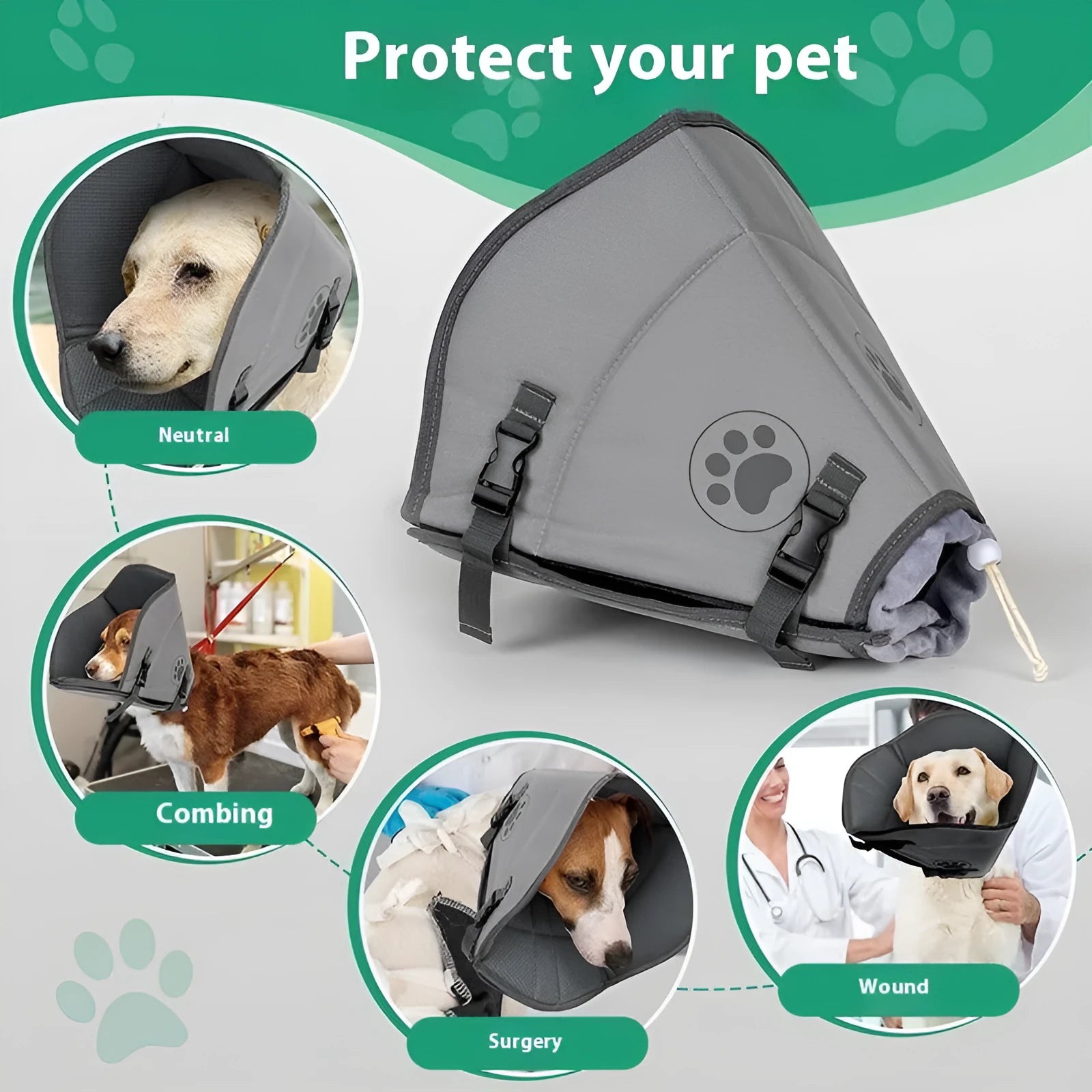 Pet sterilisation collar adjustable ring in polyester material showing L, M, XL sizing options